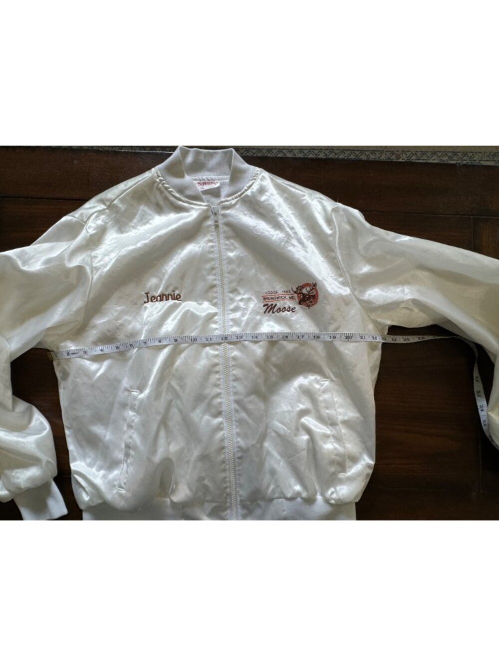 Vintage White Satin Moose Lodge Varsity Jacket Jeannie Embroidery Full Zip Large - Picture 6 of 12